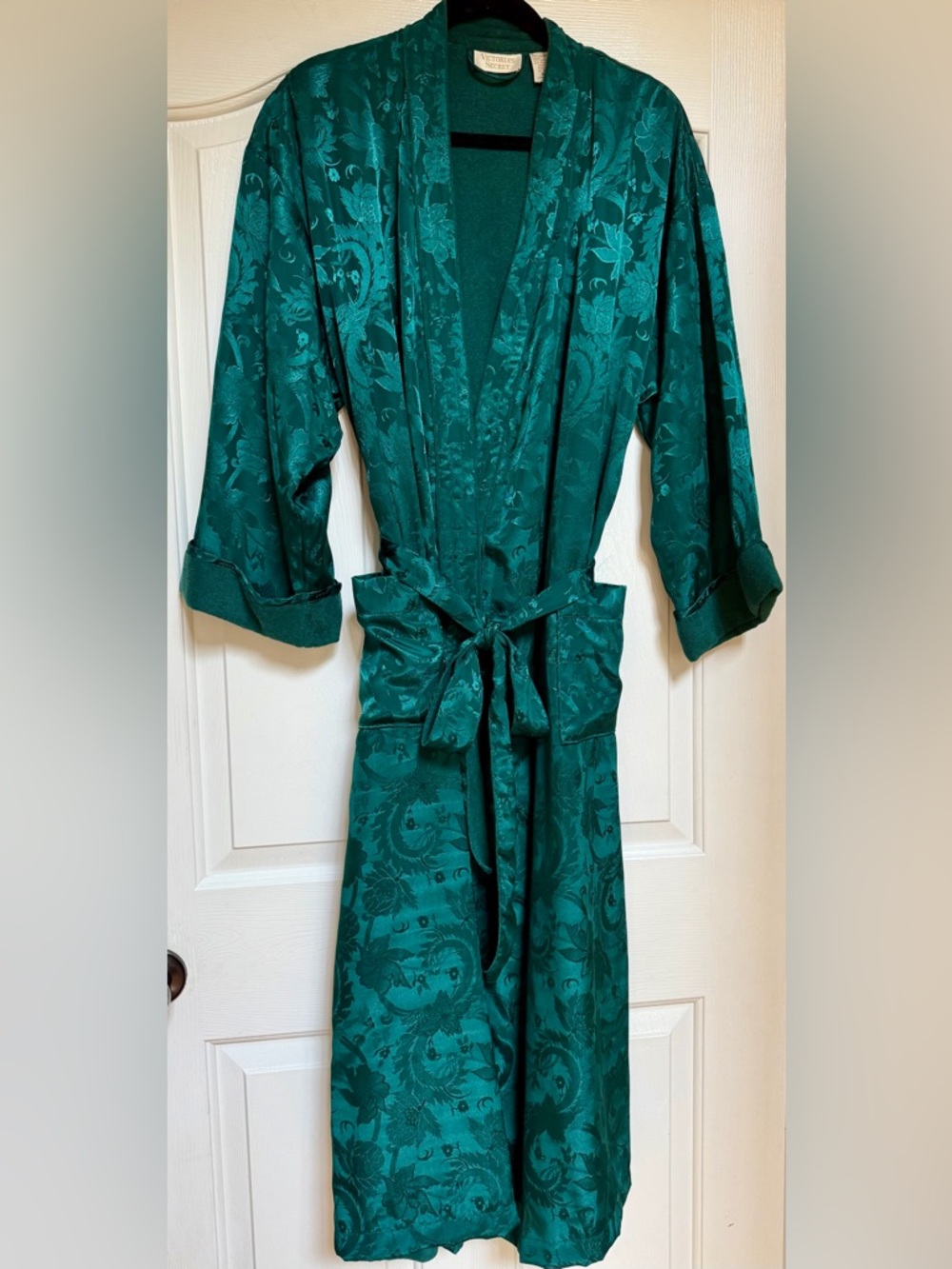 Victoria’s Secret Satin Robe Teal Floral Jacquard Kimono Tie Waist M/L